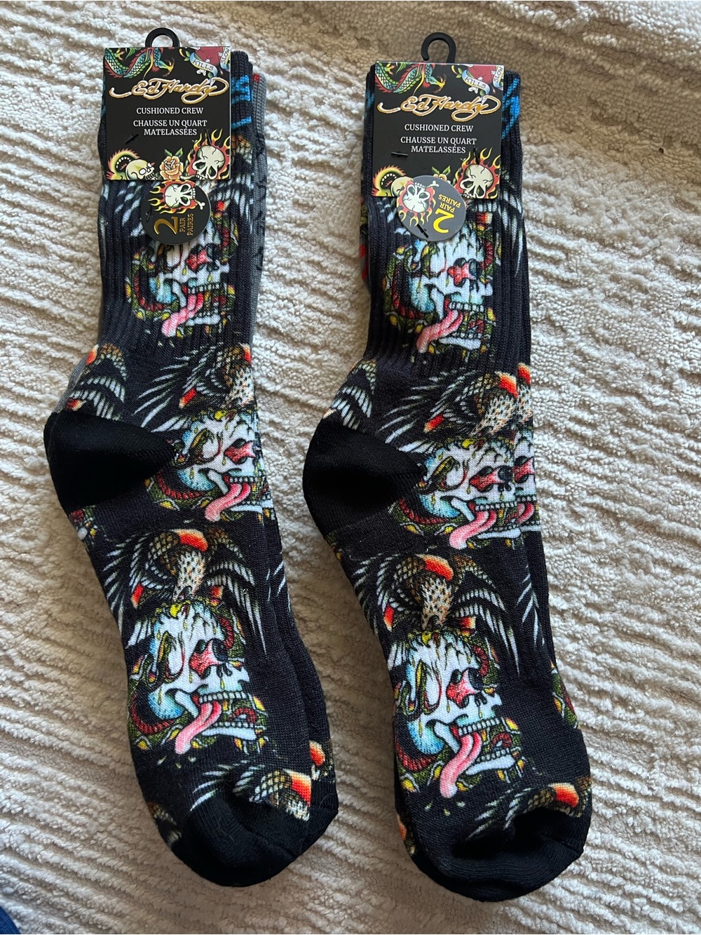 Ed Hardy Black Crew Socks with Multicolor Skull & Snake Graphics. 4 pairs!
